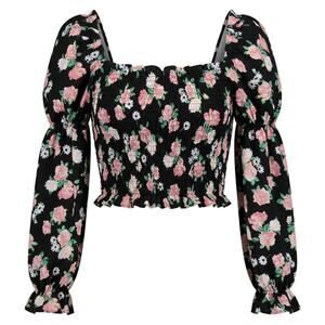 H&M Divided Black Floral Ruffle Smocked Stretch Blouse Women Size M